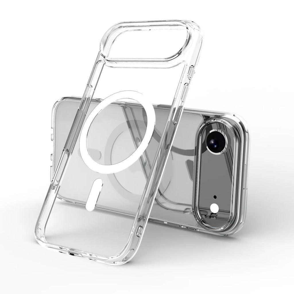 Transparent magnetic phone case for iPhone 17 showing clear design with magnetic ring and precise port cutouts