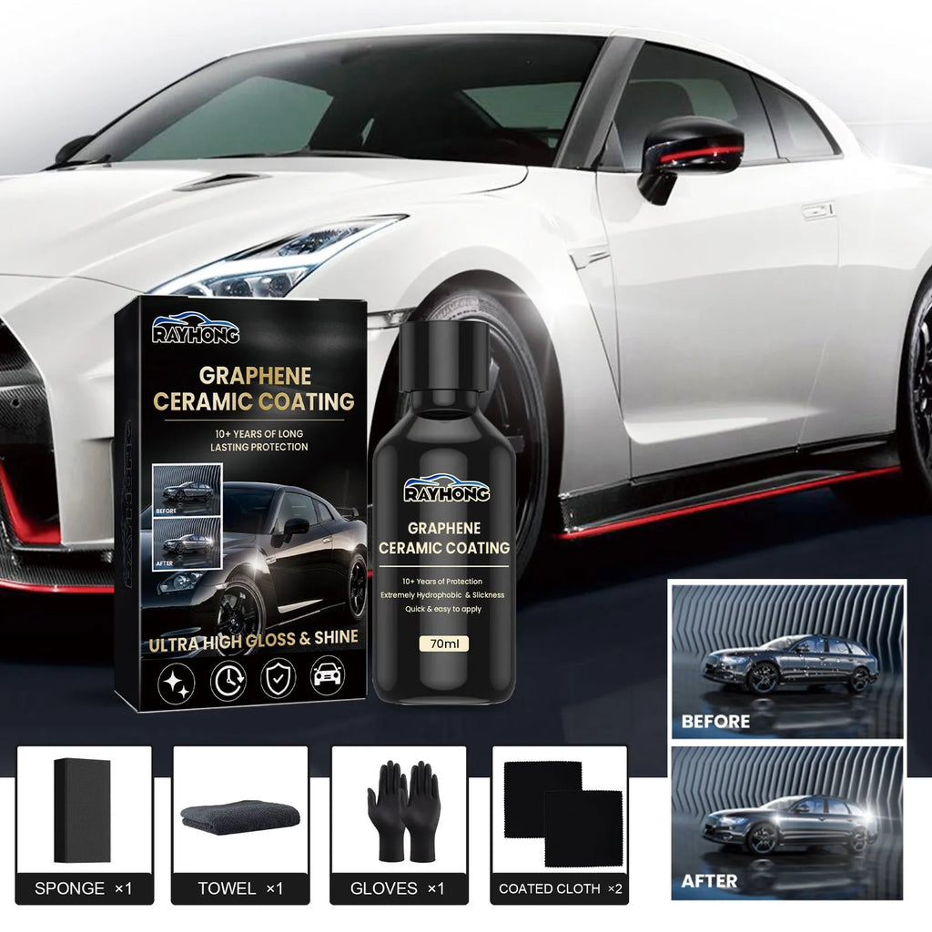 70ml graphene ceramic coating bottle with sponge, towel, gloves, and coating cloths for car paint protection