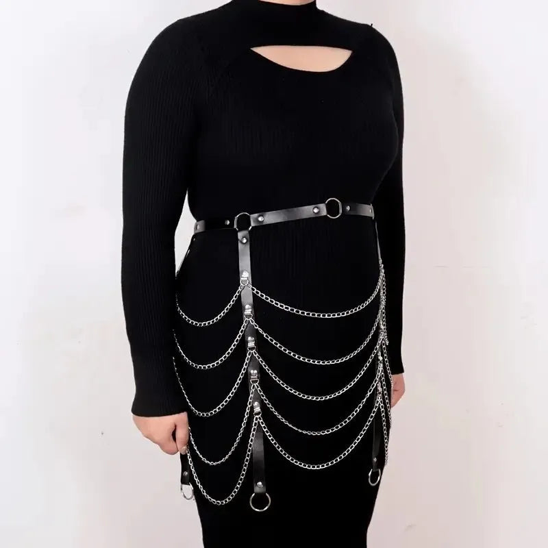 Black PU leather waist chain with adjustable bandage binding and buckle detail.
