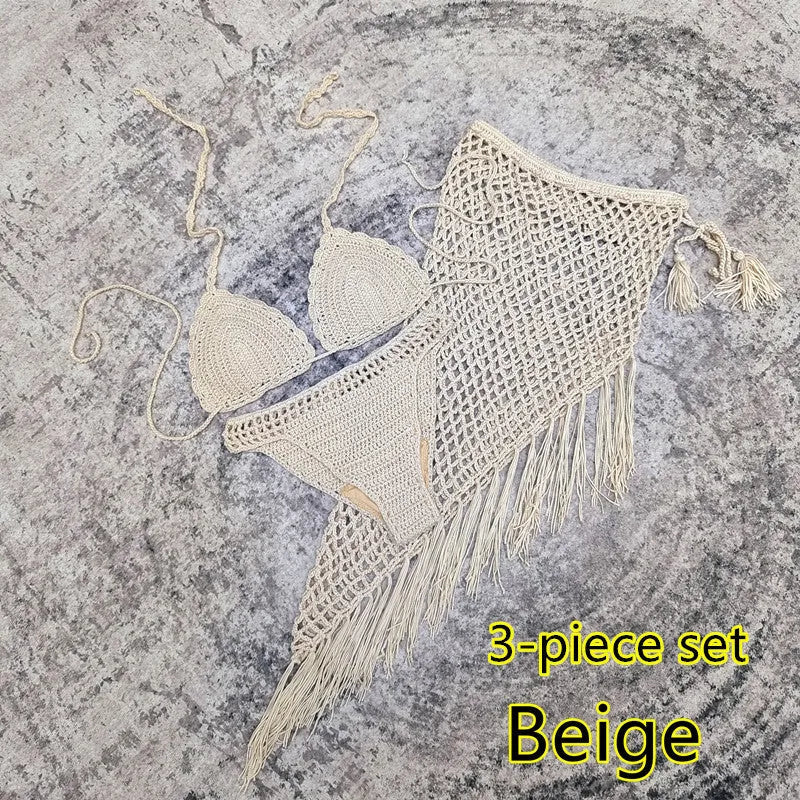 Handmade crochet bikini set with matching beach skirt in blue colour, showing three separate pieces