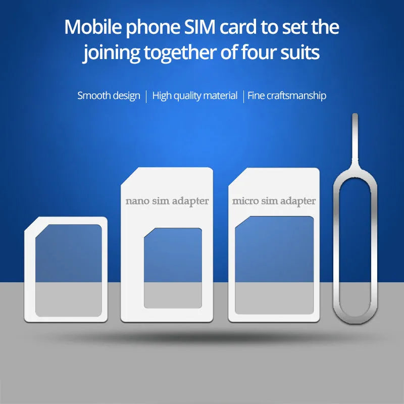 Four-in-one SIM card adapter kit with three plastic adapters and metal ejector pin on white background