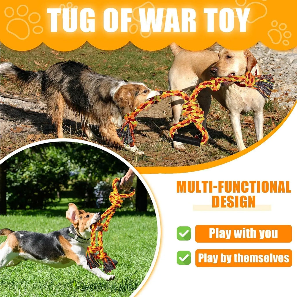 Blue and yellow cotton dog rope toy with non-slip handle, measuring 18x62cm for large breed aggressive chewers