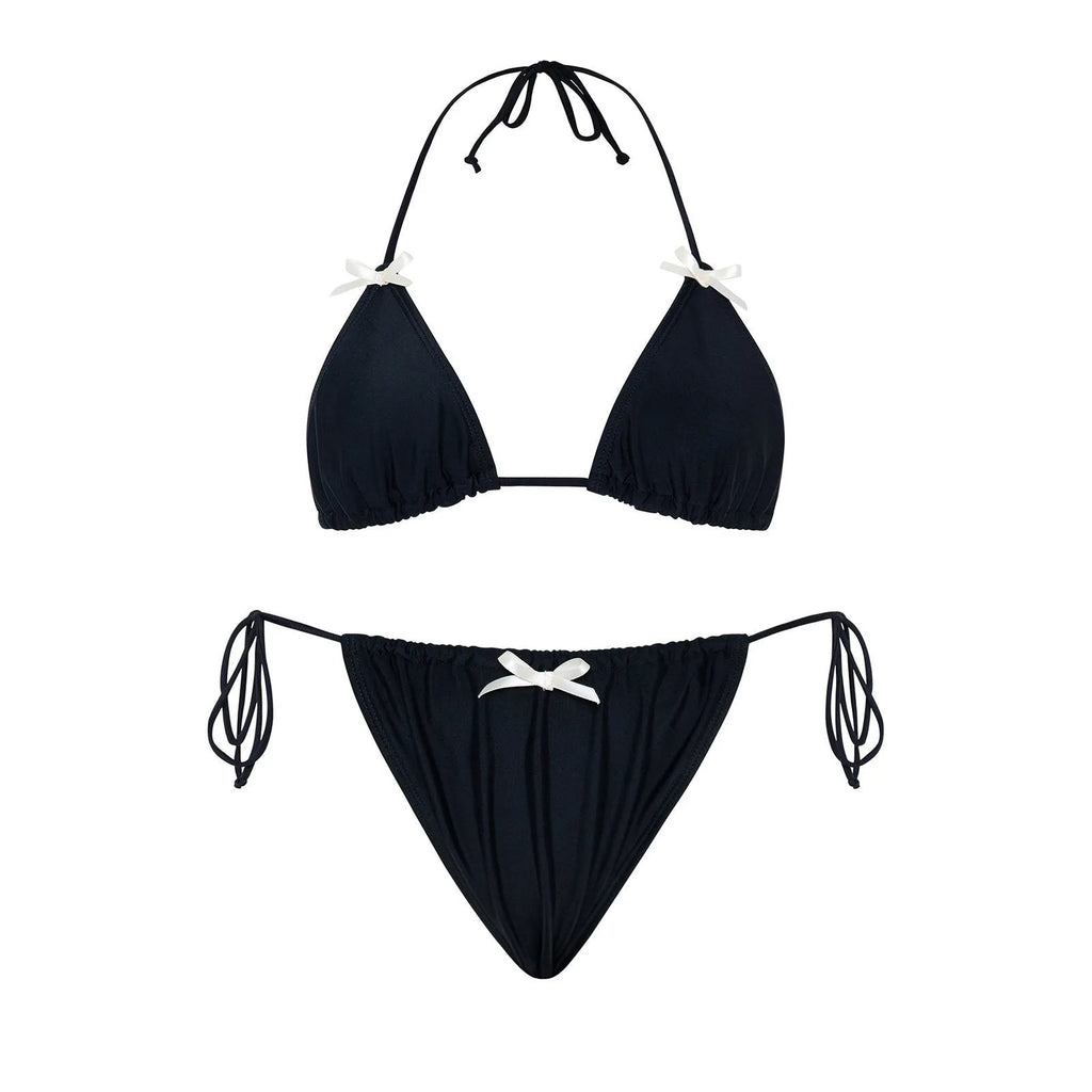 Women's solid colour bikini swimsuit with bow tie detail on separate top and bottom pieces