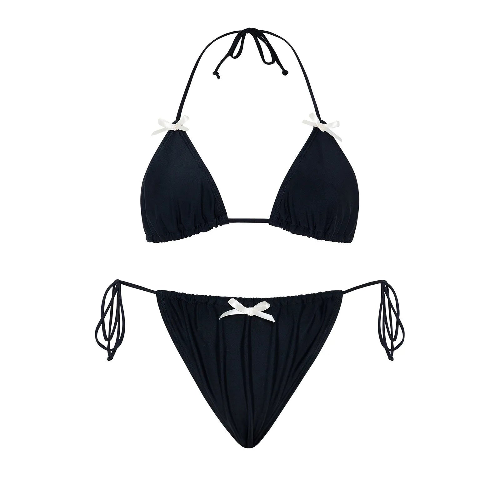 Women's solid colour bikini swimsuit with bow tie detail on separate top and bottom pieces