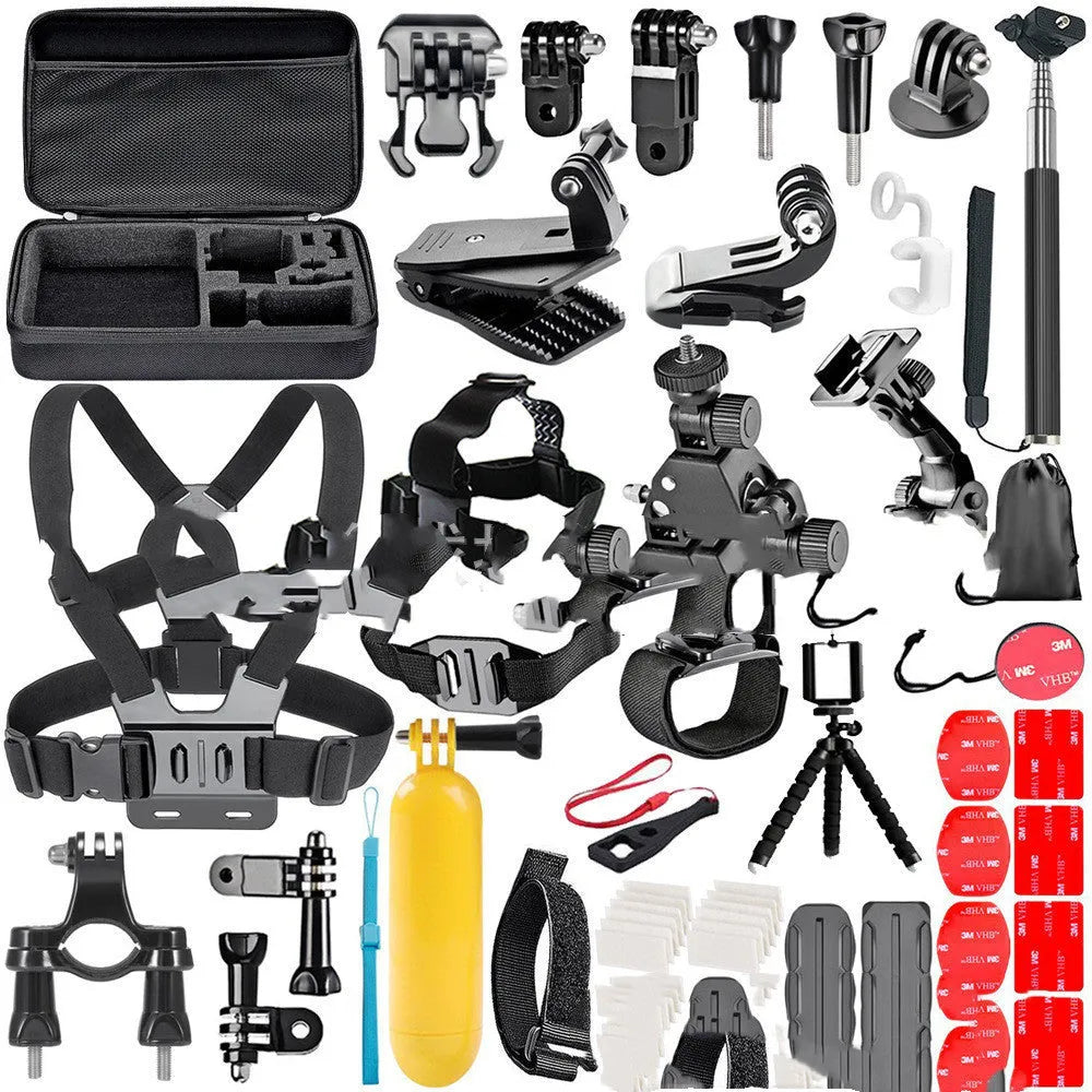 Black GoPro accessories set showing chest strap, helmet mount and tripod for action cameras