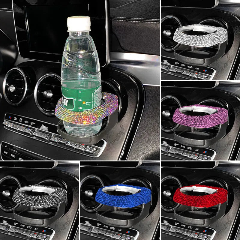 White diamond rhinestone car air vent cup bracket showing 8.5x9.5x5.5cm dimensions