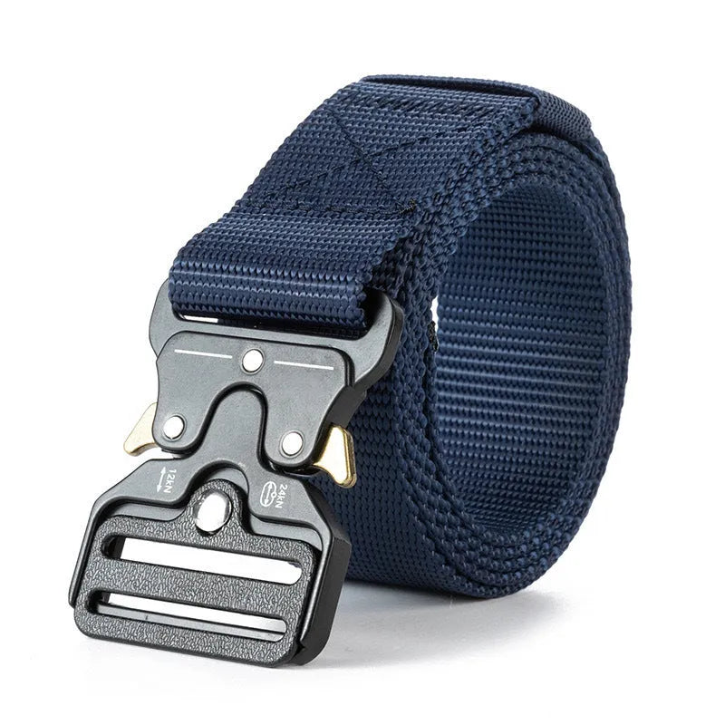 Men's canvas tactical belt showing alloy release buckle and textured 2-4cm width material in Army Green colour