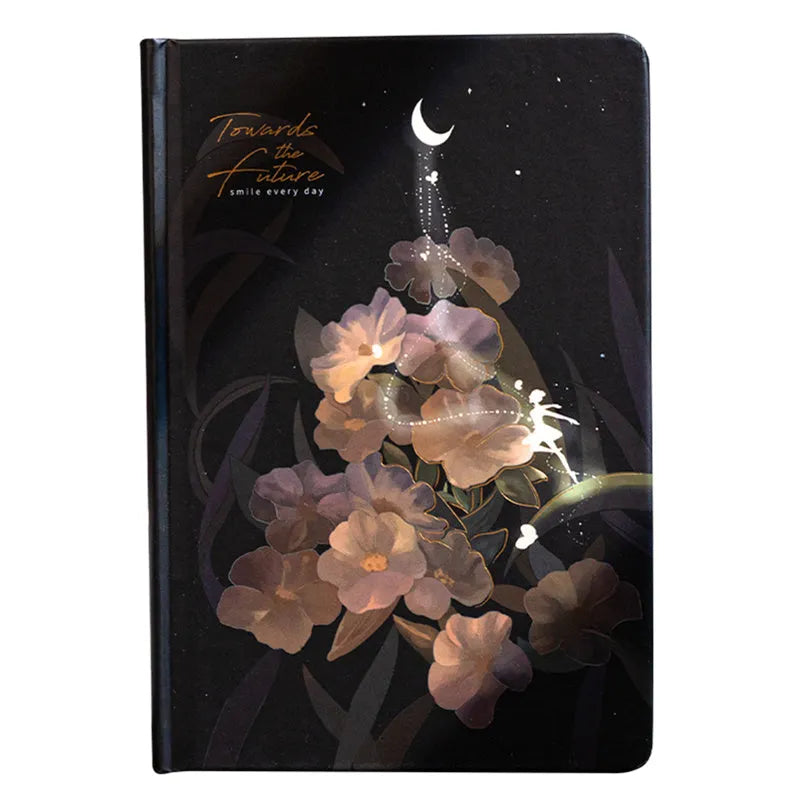 A5 notebook with luminous cover in Deep Blue, open to show colour illustration pages, size 21 x 14.8 cm