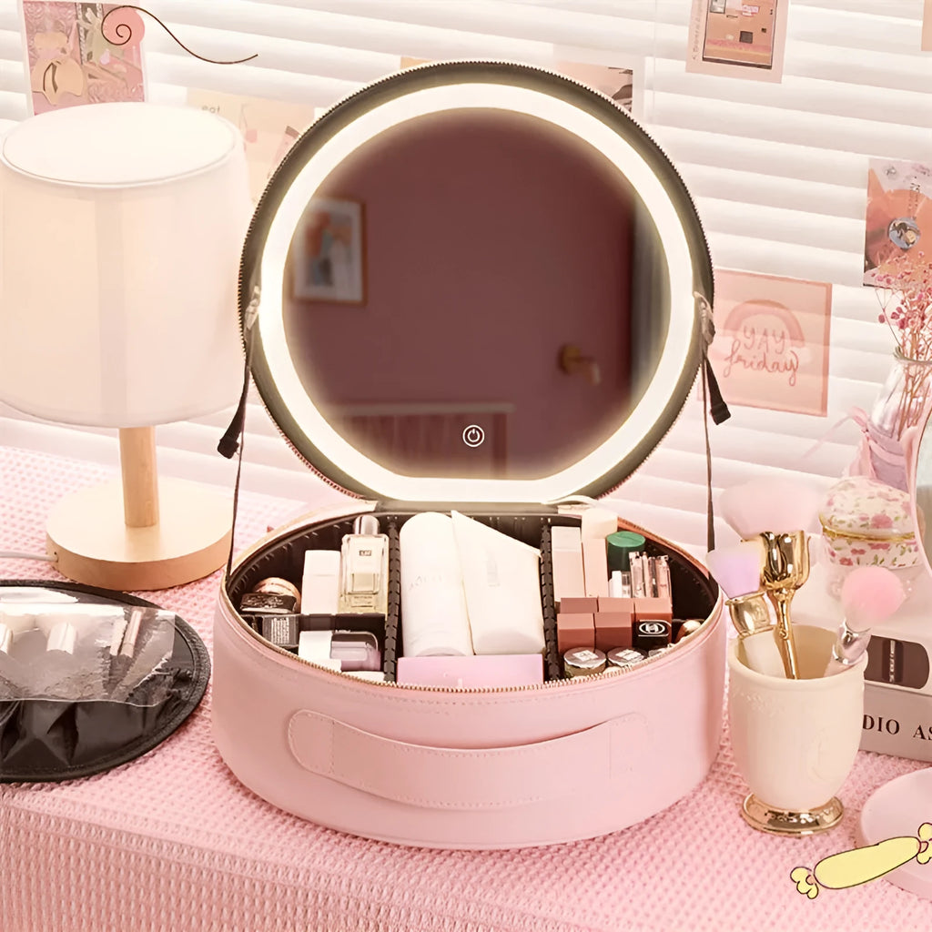 Round pink smart LED makeup bag with mirror lights open, showing internal partitions and adjustable lighting.