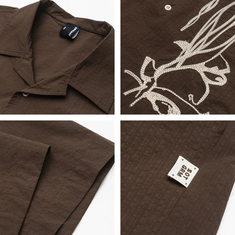 Brown coffee-coloured striped Cuban collar shirt with waterproof polyester fabric for outdoor camping