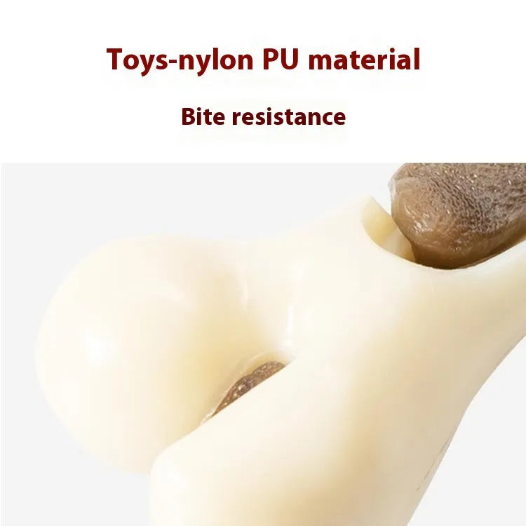 Cowhide and nylon bone grinding rod dog chewing toy shown in small and large size options