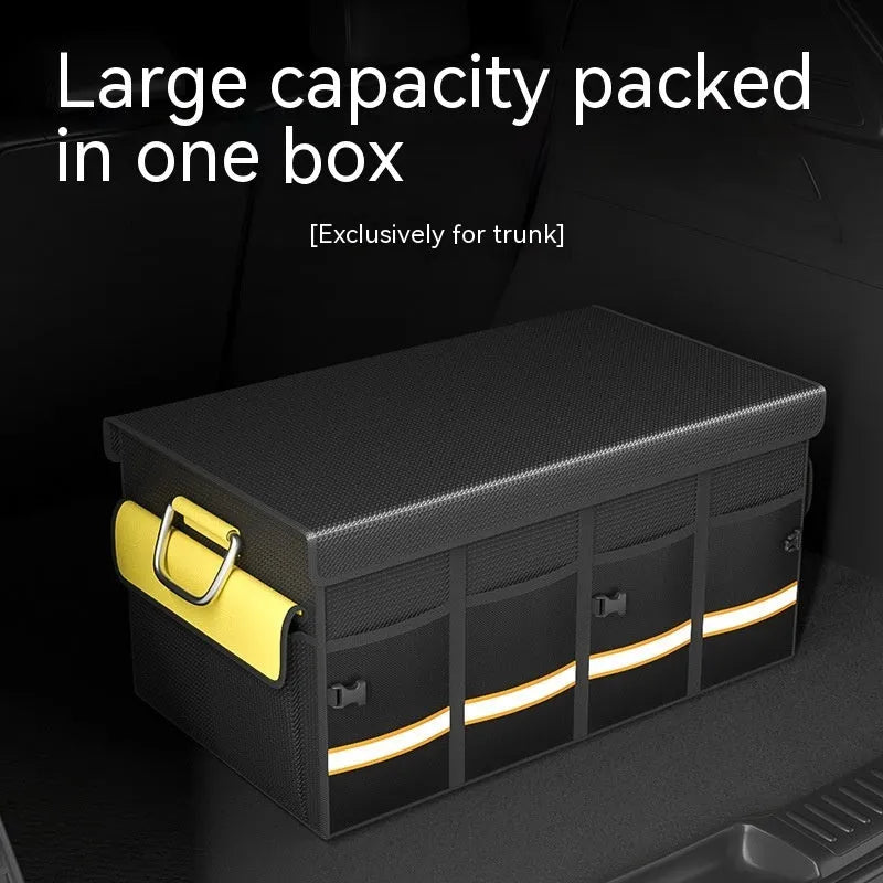 Black and yellow foldable car boot storage organiser bag with handle in three size options.