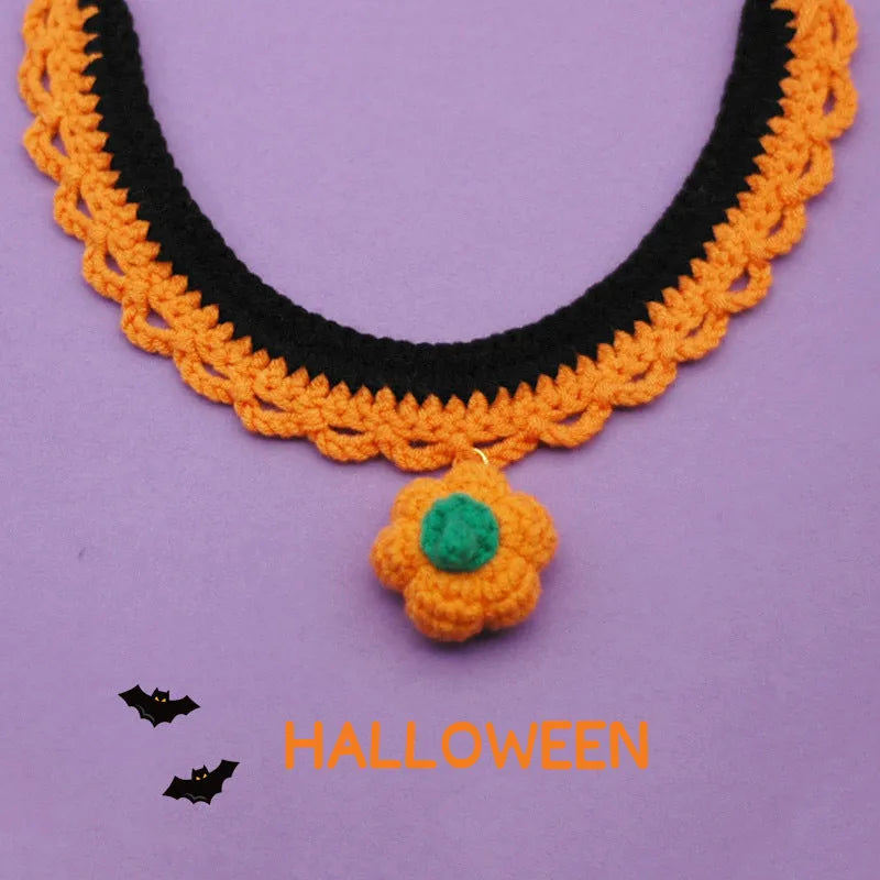 Hand-crocheted wool Halloween pet collar for cats and dogs in pumpkin colours with adjustable sizing