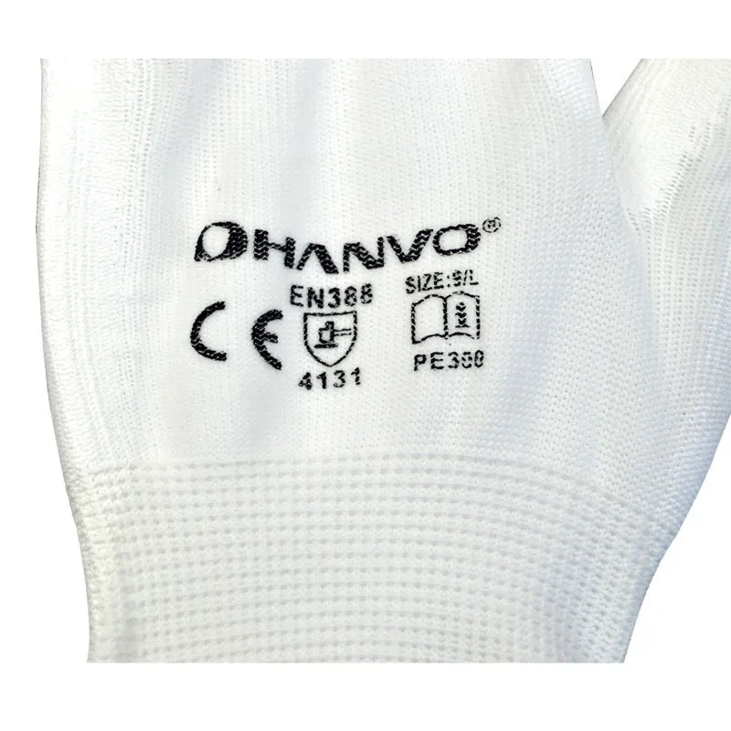 White PU coated labour gloves showing 24cm length and flexible design