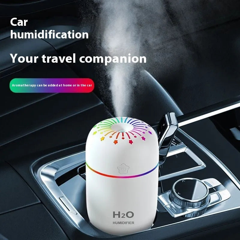 White USB mini humidifier measuring 75x75x116mm with 300ml water tank capacity
