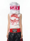 Black half turtleneck sleeveless t-shirt with a character print, slim fit.