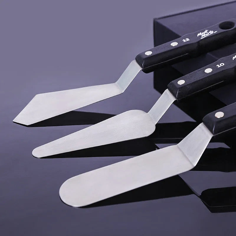 Set of three stainless steel palette knives for oil and acrylic painting