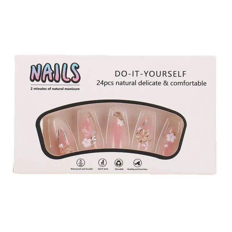 Gold silk butterfly design nail art extensions with floral and starry sky patterns, 24-piece set.