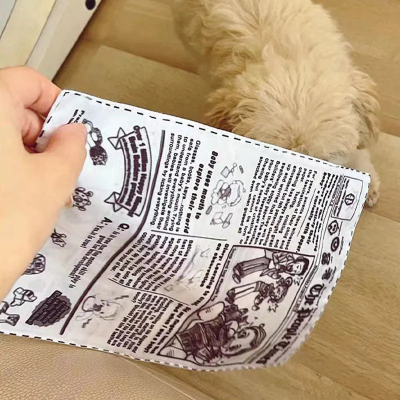 Tear-resistant dog toy with crinkly material in newspaper and playing card designs for small breeds.