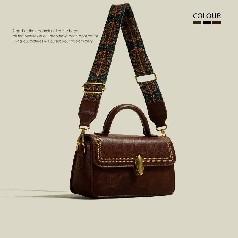 Brown retro messenger bag with square vertical shape, sandwich pocket, and internal phone compartment, measuring 23cm by 8cm by 12.5cm