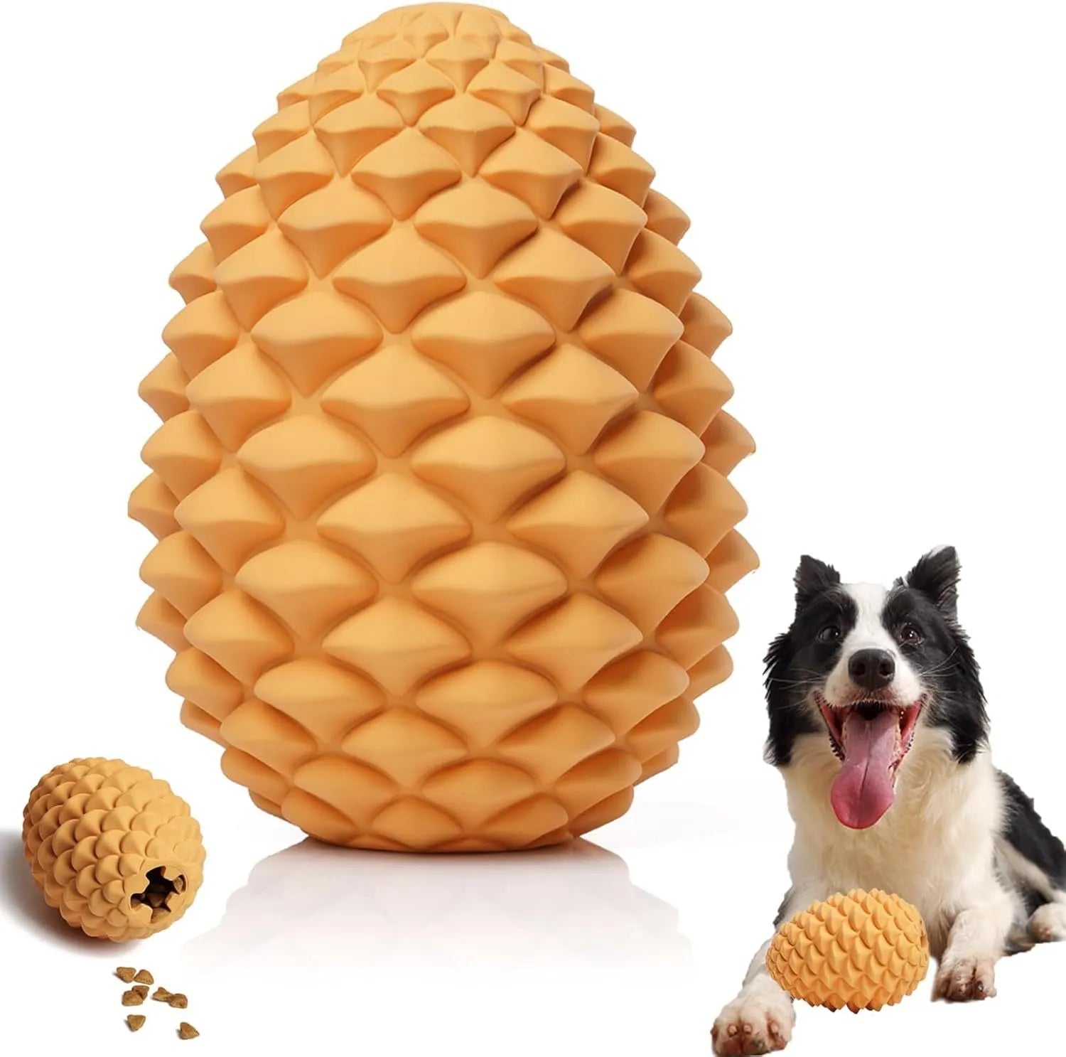 Pine cone-shaped yellow dog toy with treat dispenser, natural rubber, for medium to large dogs