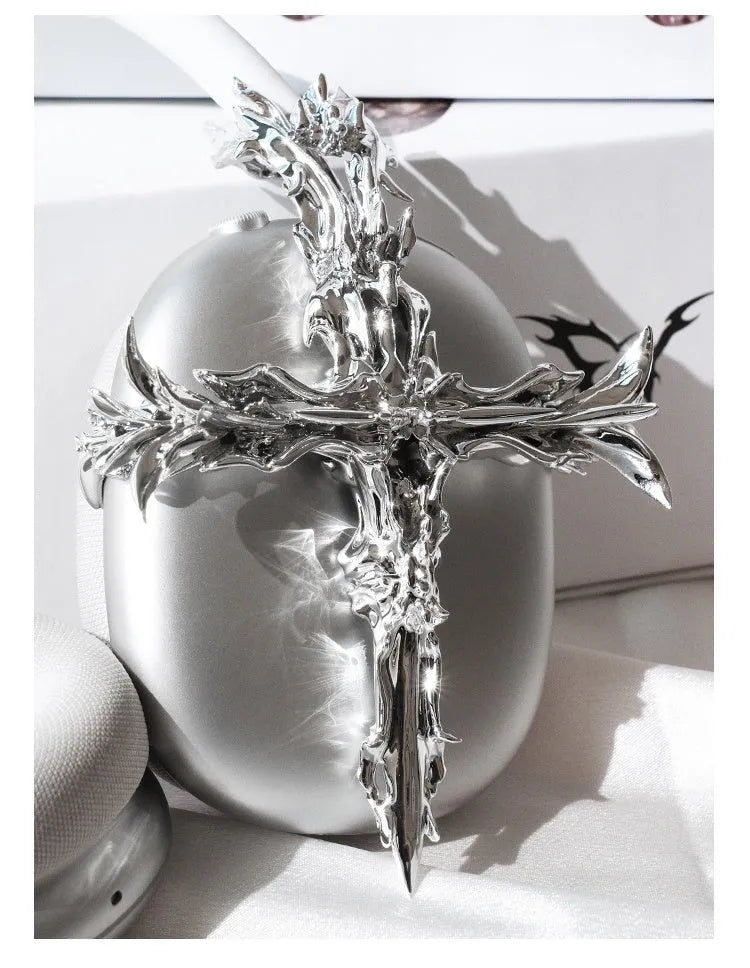 Gothic cross design hard resin case cover for Apple AirPods Max headphones in silver colour
