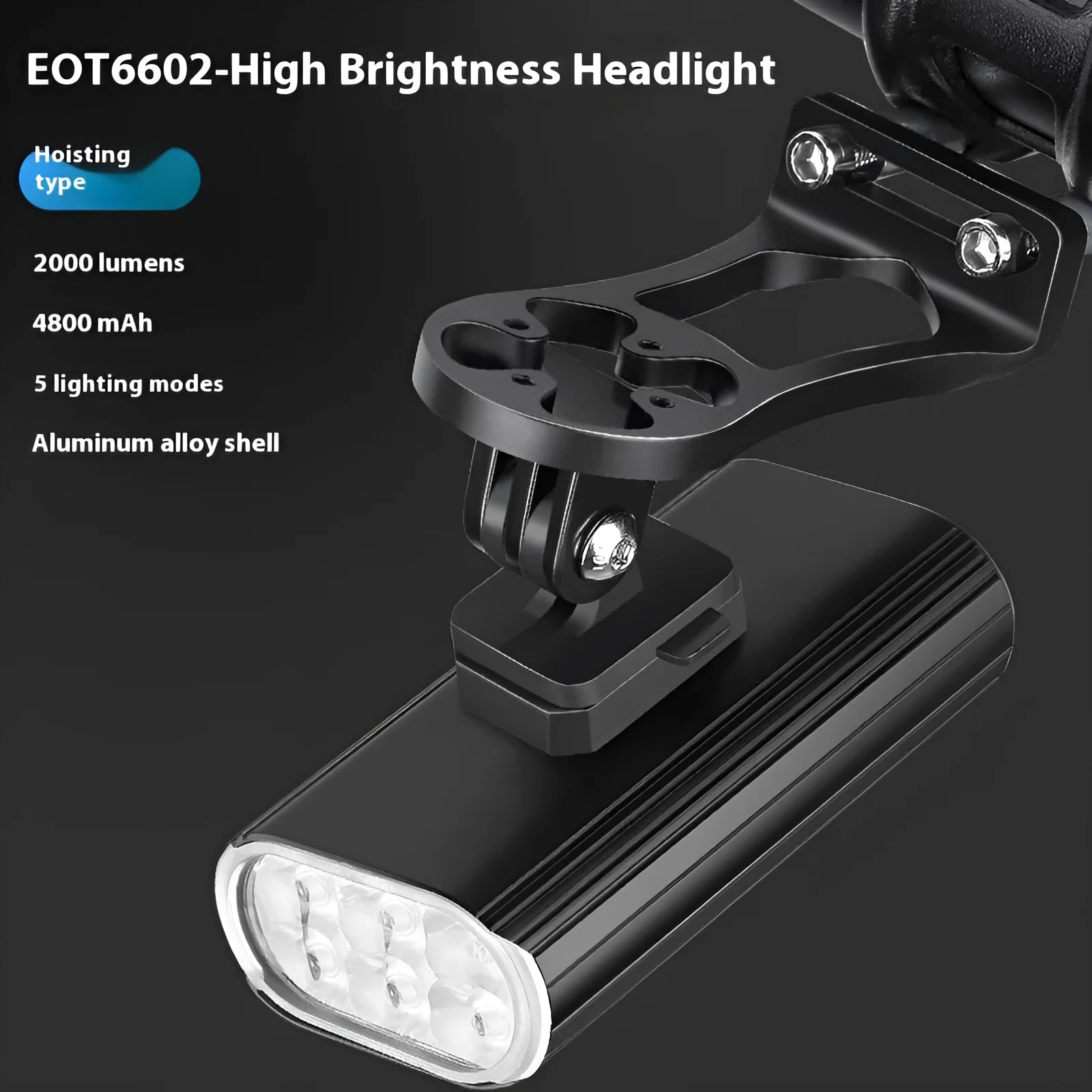 Aluminium alloy bicycle headlight showing front lens with six XPT beads and a USB Type-C charging port on the side.