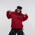 Men's red hooded sweater with three-dimensional printing pattern and structured shoulder pads