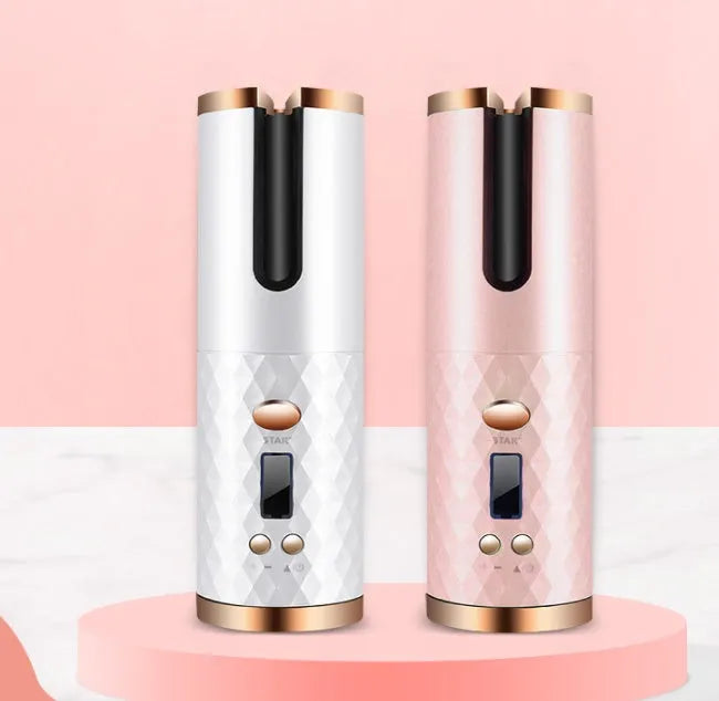 Portable automatic wireless USB charging mini curling iron in white, pink, or grey with gold ceramic barrel