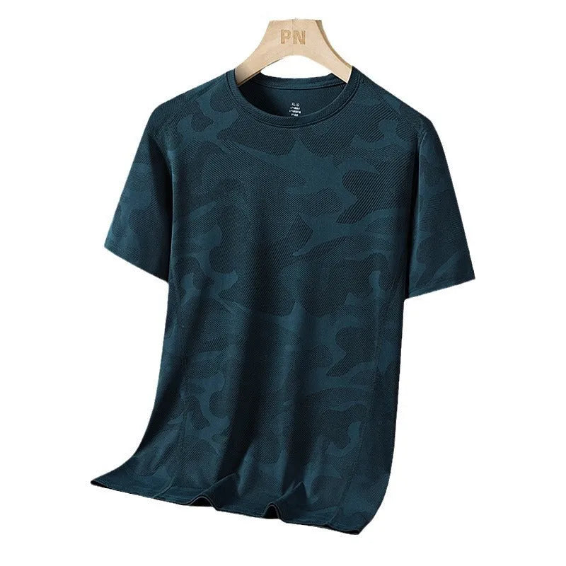 Men's loose fit camouflage short sleeve summer top in quick-drying nylon fabric.