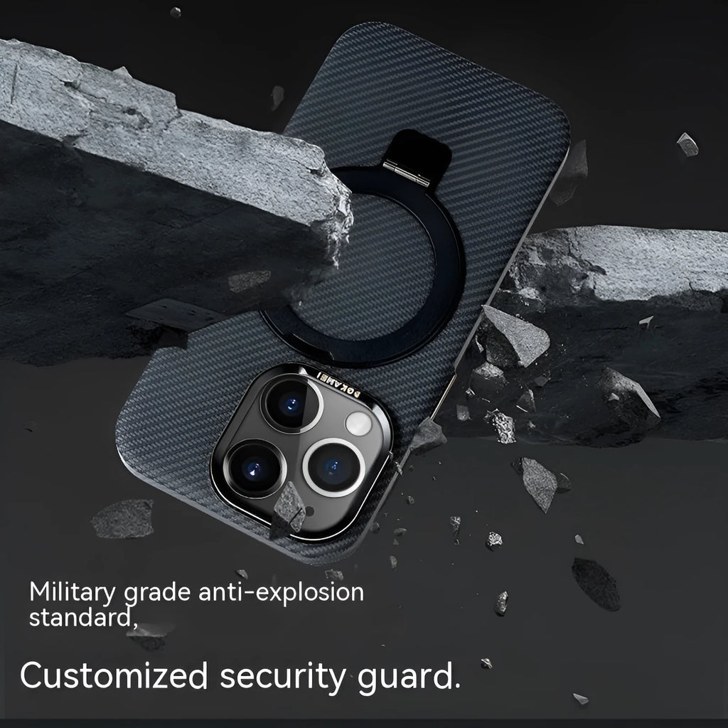 Carbon fibre iPhone case with magnetic bracket in graphite black, compatible with Apple iPhone 13 to 15 Pro Max