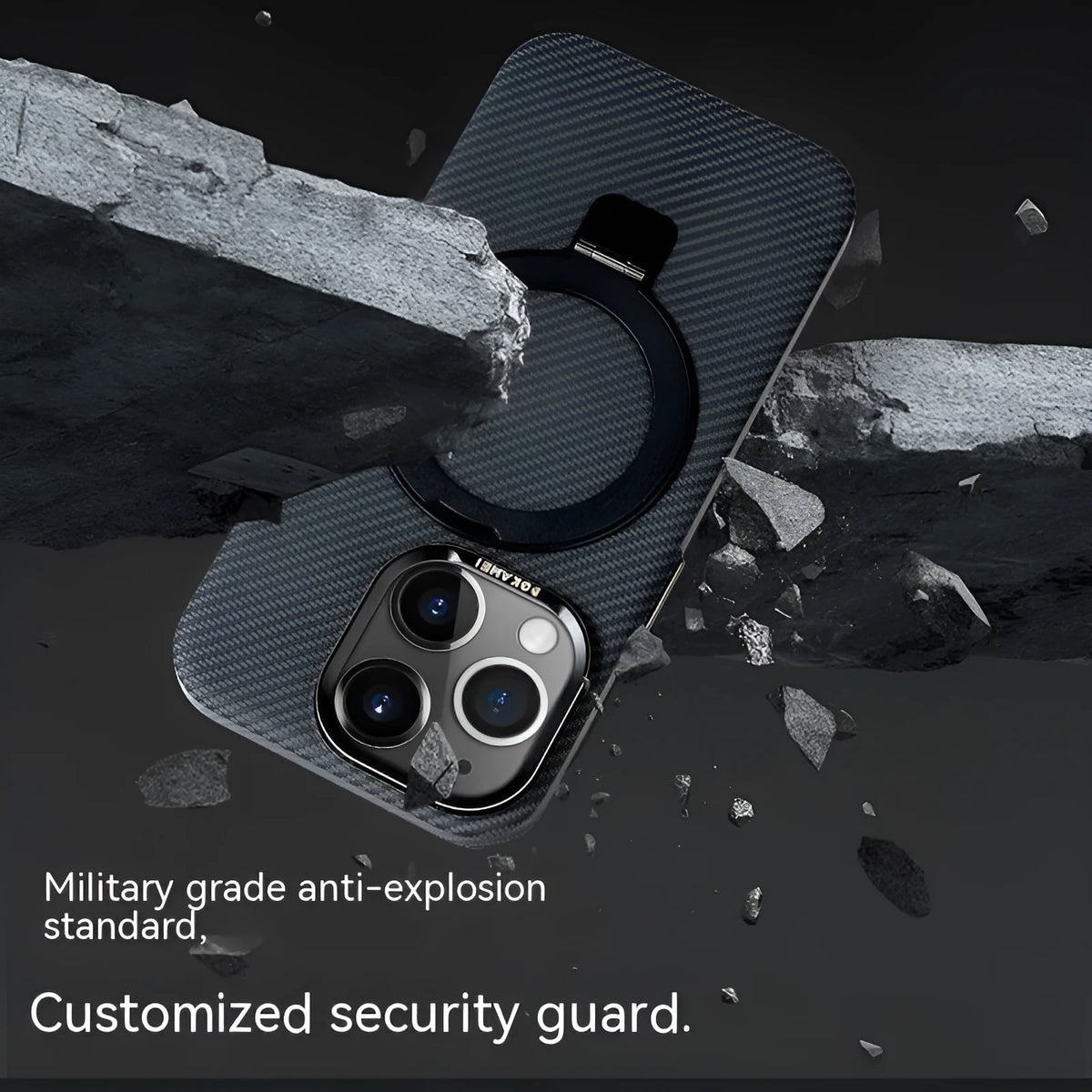 Carbon fibre iPhone case with magnetic bracket in graphite black, compatible with Apple iPhone 13 to 15 Pro Max