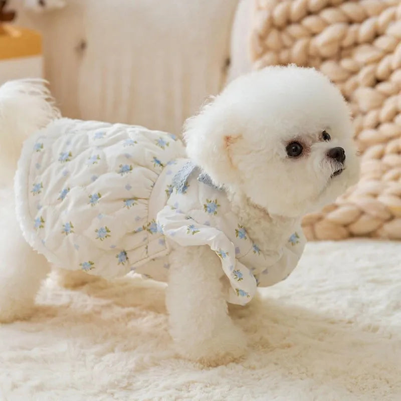 White thick dog dress with large bow, flower print and flannel lining for small dogs