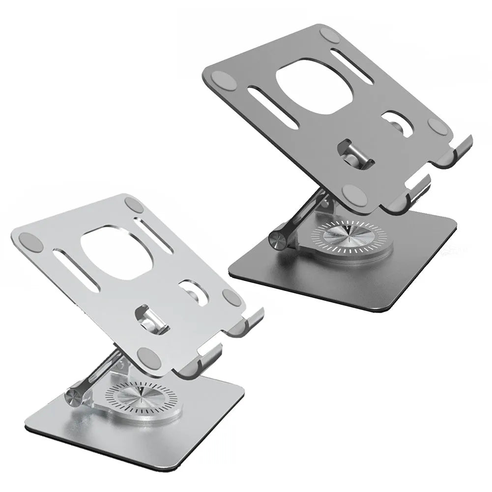 Rotating tablet stand with adjustable aluminium plate in silver colour on desk