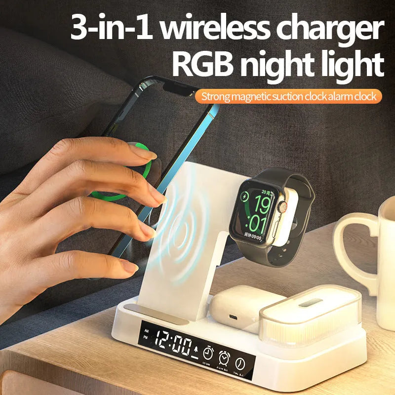 White 4-in-1 wireless charger station with foldable stand, alarm clock display, and RGB night light charging multiple devices