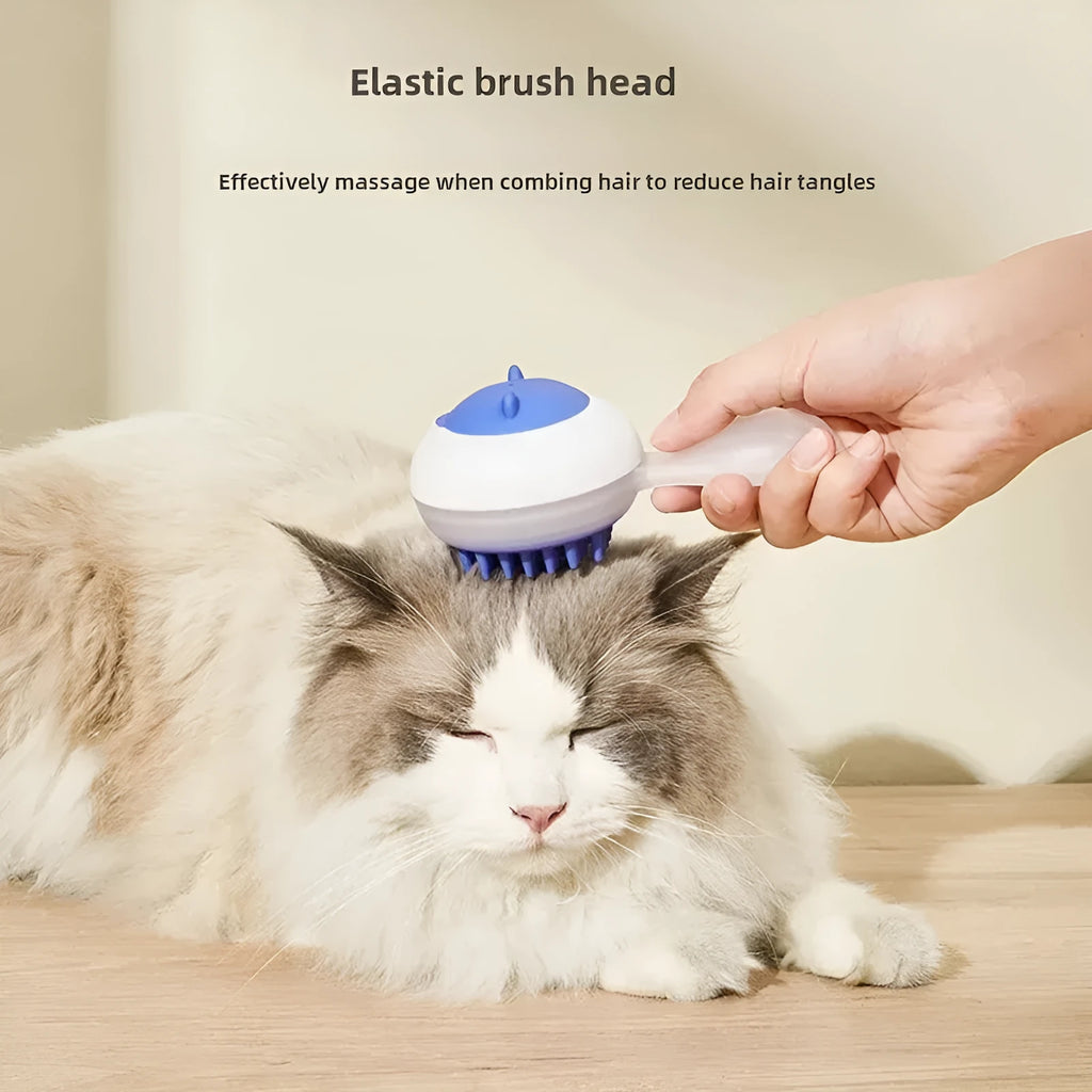 Blue automatic pet bath brush with soft gel head and hair removal comb on a white background.