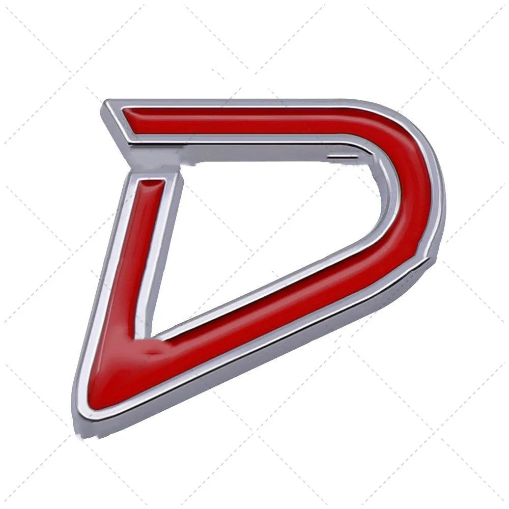 Metal car modification stickers showing SD pattern at 7.7cm and D pattern at 3.8cm in red silver colour combination