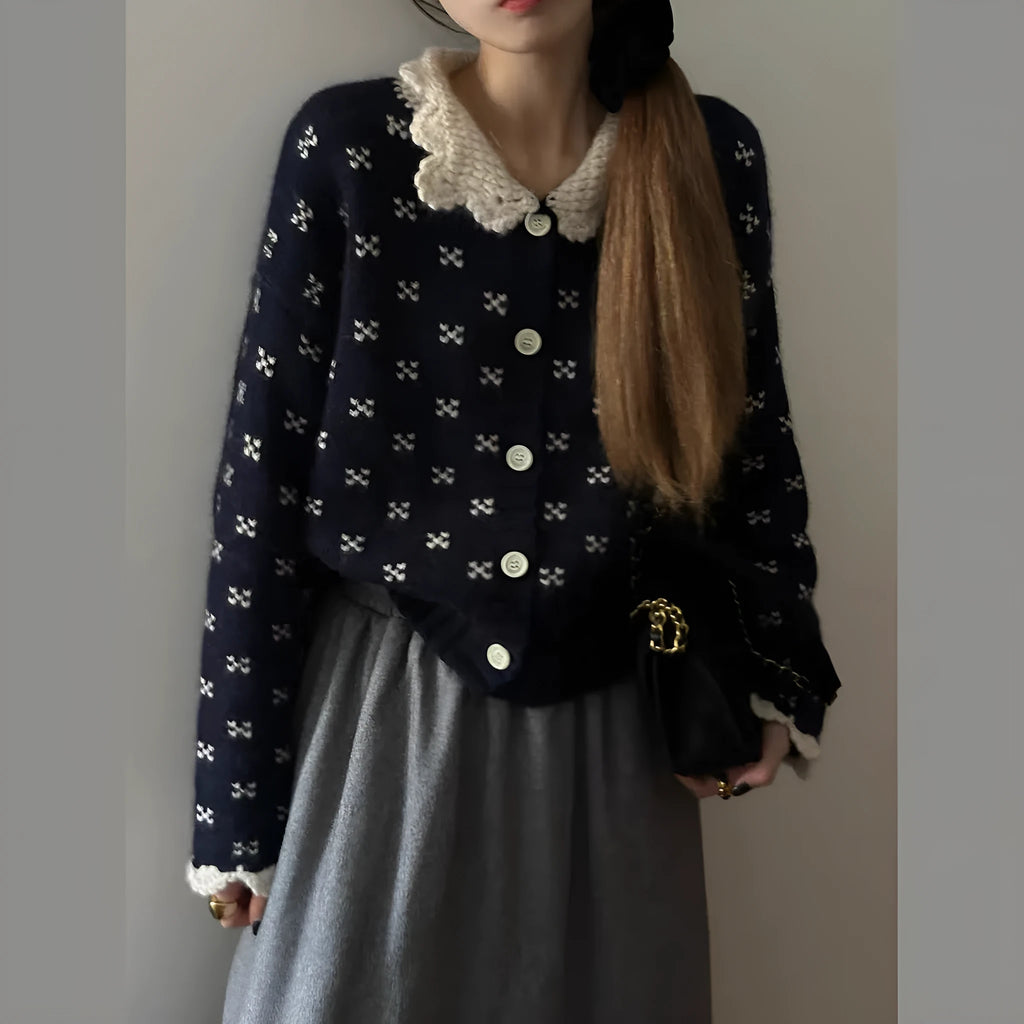 Retro floral Peter Pan collar knitted cardigan coat in grey, shown with button fastening.