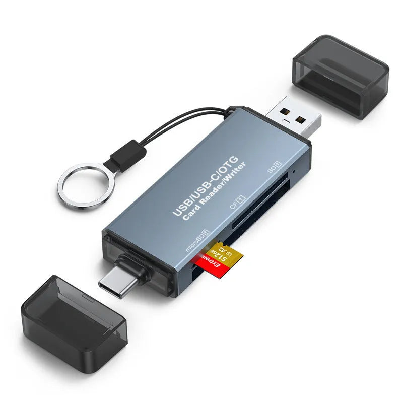 Aluminium CF SD TF three-in-one card reader measuring 9.2cm with USB and TYPE-C interfaces