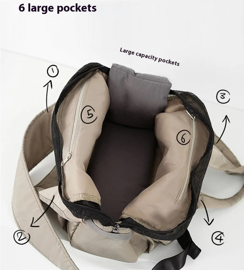 Apricot cloth pet handbag with dimensions 41x16x28cm showing adjustable straps and breathable fabric construction