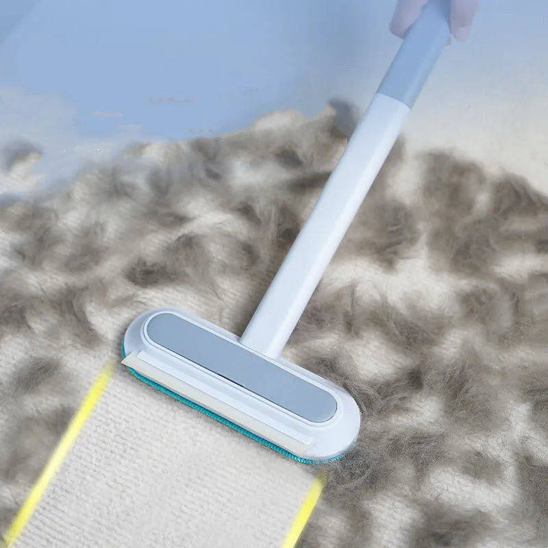 Multifunctional hair removal brush with flannel head and extension handle for cleaning pet hair, lint, and window screens.