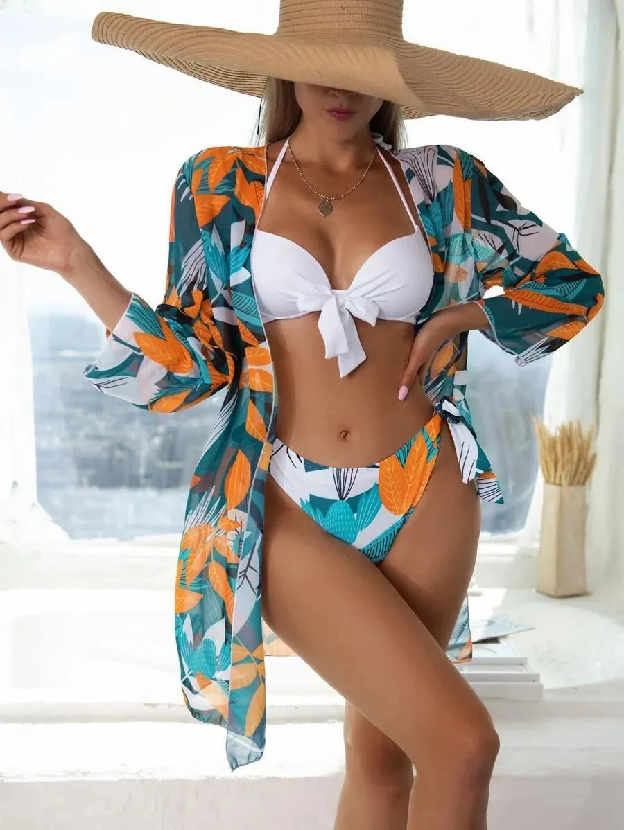 Women's three-piece bikini swimsuit with mesh split design in quick-drying polyester fabric