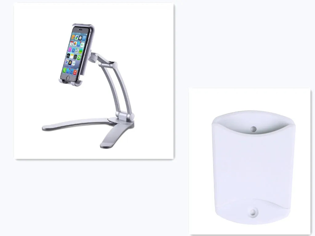 Aluminium alloy desktop tablet stand with adjustable clips and 360-degree rotation for tablets up to 10.5 inches