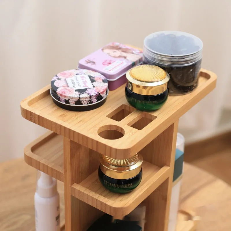 Bamboo rotating storage rack with multiple layers and grid compartments