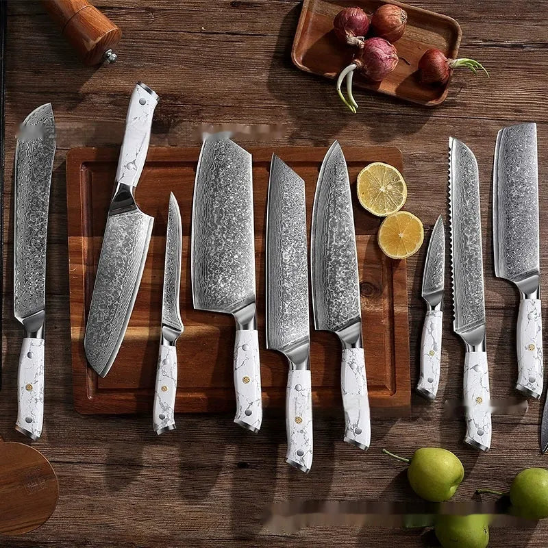 Damascus Special Household Combined Chef's Knife with 21cm VG10 steel blade and 11cm handle on a cutting board