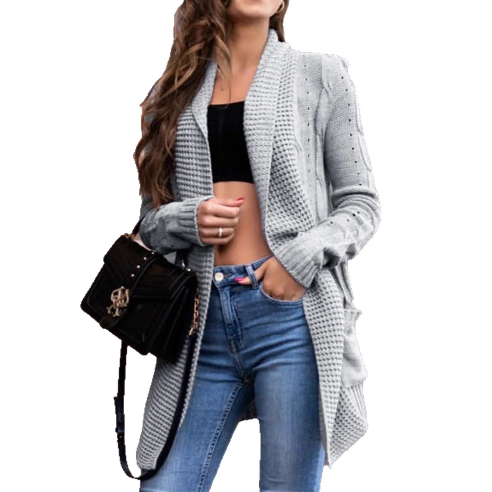 Grey women's loose long sleeve cardigan coat with patch pockets.