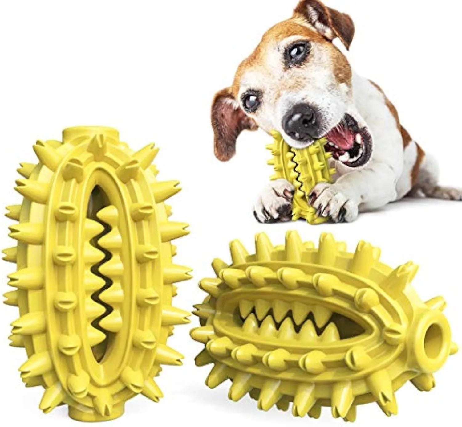 Green or yellow cactus-shaped dog toothbrush toy for dental care, measuring 13 cm by 8 cm