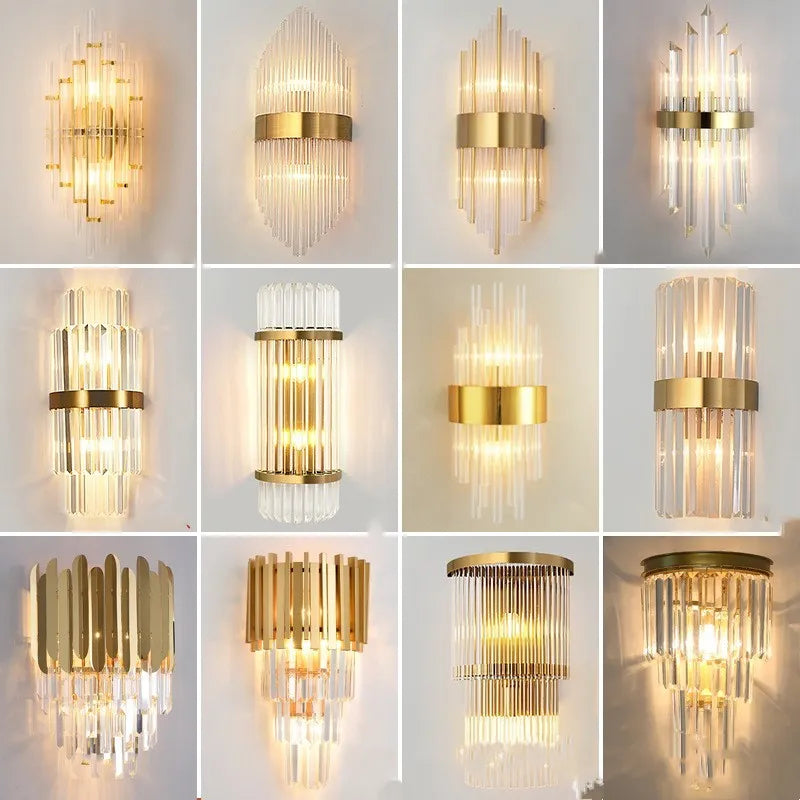 Modern crystal petal wall lamp with metallic gold finish mounted on a light-coloured wall.