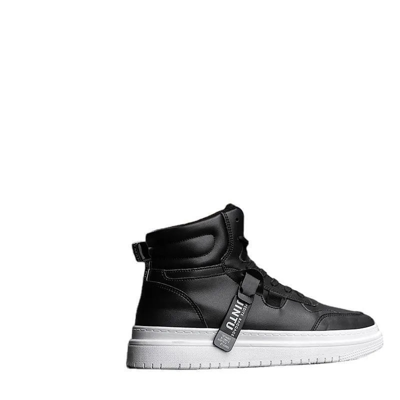 Men's Korean style short boots in artificial PU, shown in black and white, sizes 39 to 44