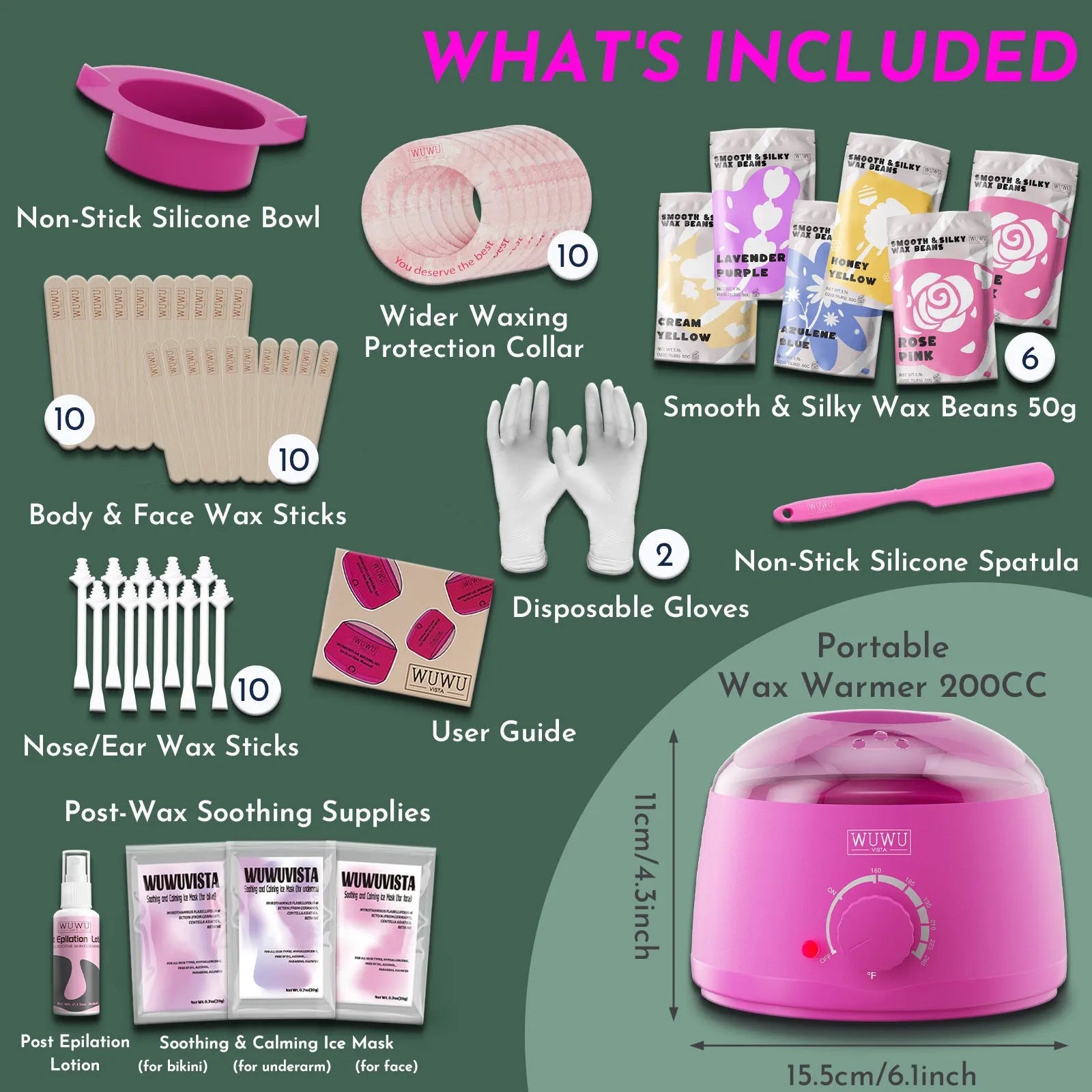 WUWUVISTA waxing kit with black smart warmer, wax beads, silicone tools, applicators, and aftercare products on a pink background